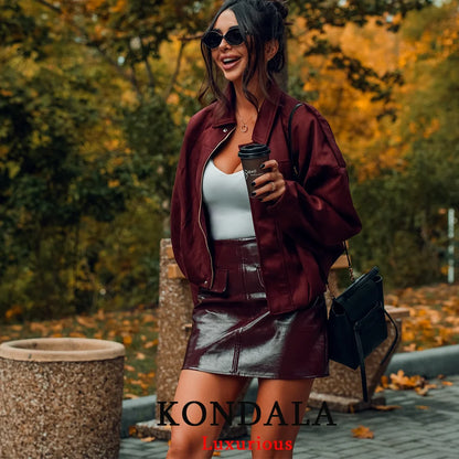 KONDALA Casual Soft Martini Green Bomber Jackets Women Long Lantern Sleeve Oversized Autumn Winter Coats Fashion 2025 Outwears