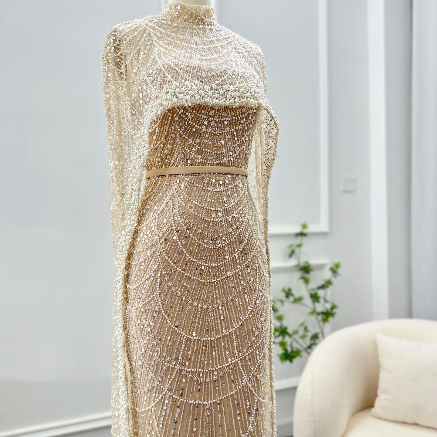 Sharon Said Luxury Pearls Dubai Champagne Evening Dresses with Cape New Arabic Women Mermaid Wedding Party Prom Dress SS369