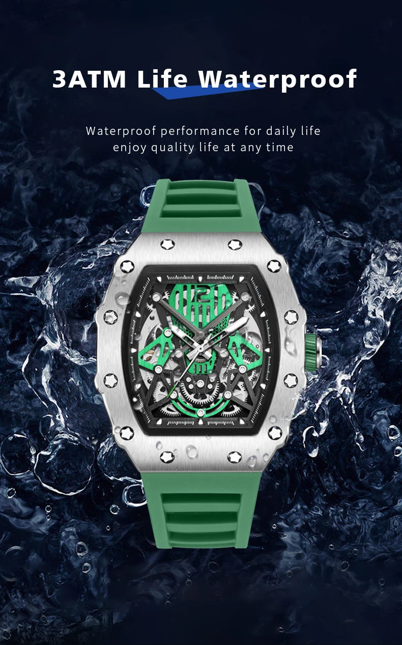 RUIMAS Tonneau Dial Automatic Movement Watches for Men Fashion Sport Mechanical Wristwatch Waterproof Clock Reloj Hombre 341