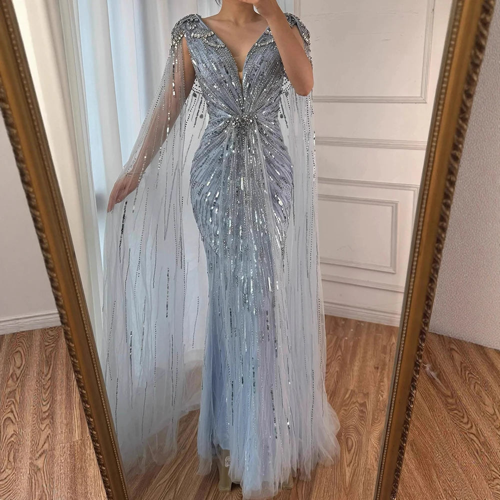 Serene Hill 2025 Turquoise Mermaid Evening Dresses Gowns With Beaded  Cape For Women's Wedding Party LA72168A Customized
