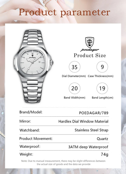 POEDAGAR Elegant Women's Watch Waterproof Luminous Date Fashion Ladies Wristwatch Stainless Steel Quartz Watches For Woman Reloj