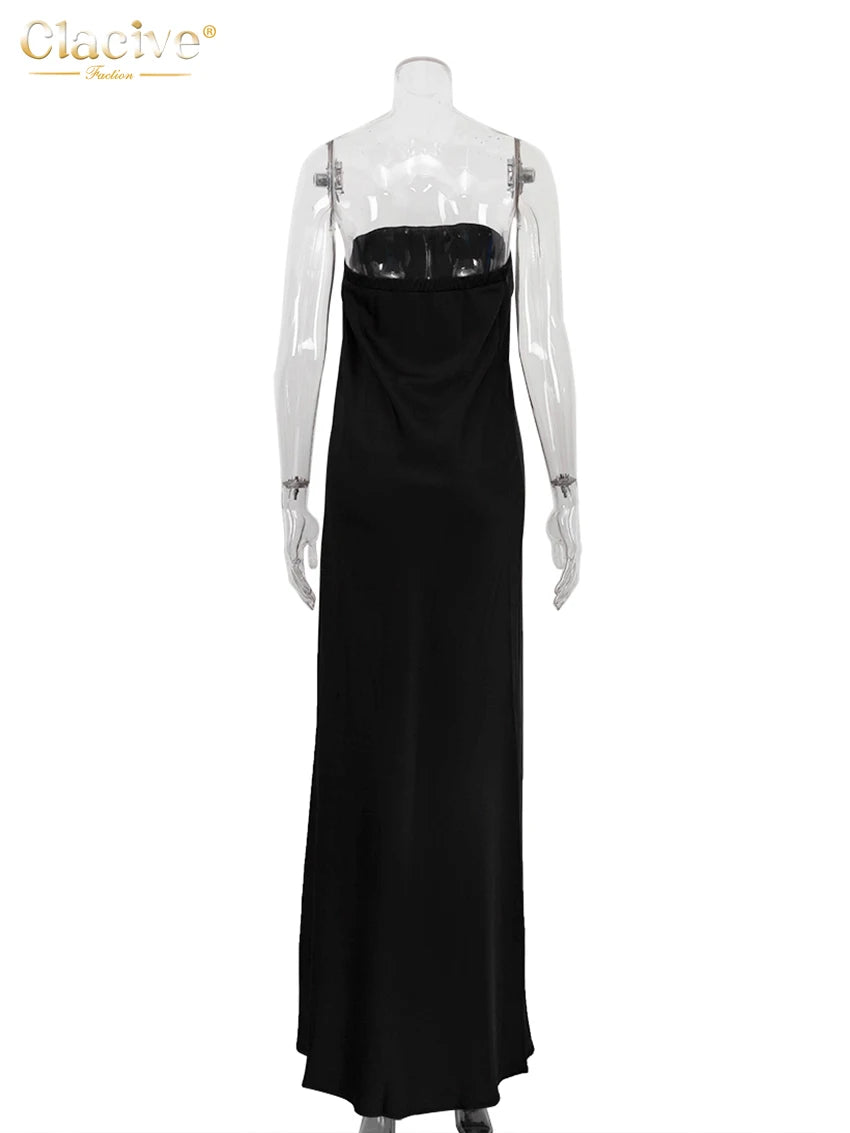 Clacive Summer Loose Black Women's Dress 2025 Fashion Strapless Sleeveless Maxi Dresses Sexy Classic Solid Dress Female Clothing