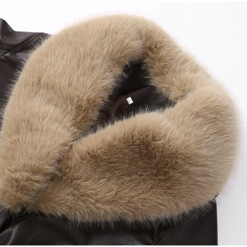 Brown Faux Fur Collar Leather Jacket Women Oversize Design Long Sleeve Coat 2025 Fashion Luxurious Versatile Bomber Outerwear