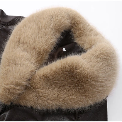 Brown Faux Fur Collar Leather Jacket Women Oversize Design Long Sleeve Coat 2025 Fashion Luxurious Versatile Bomber Outerwear