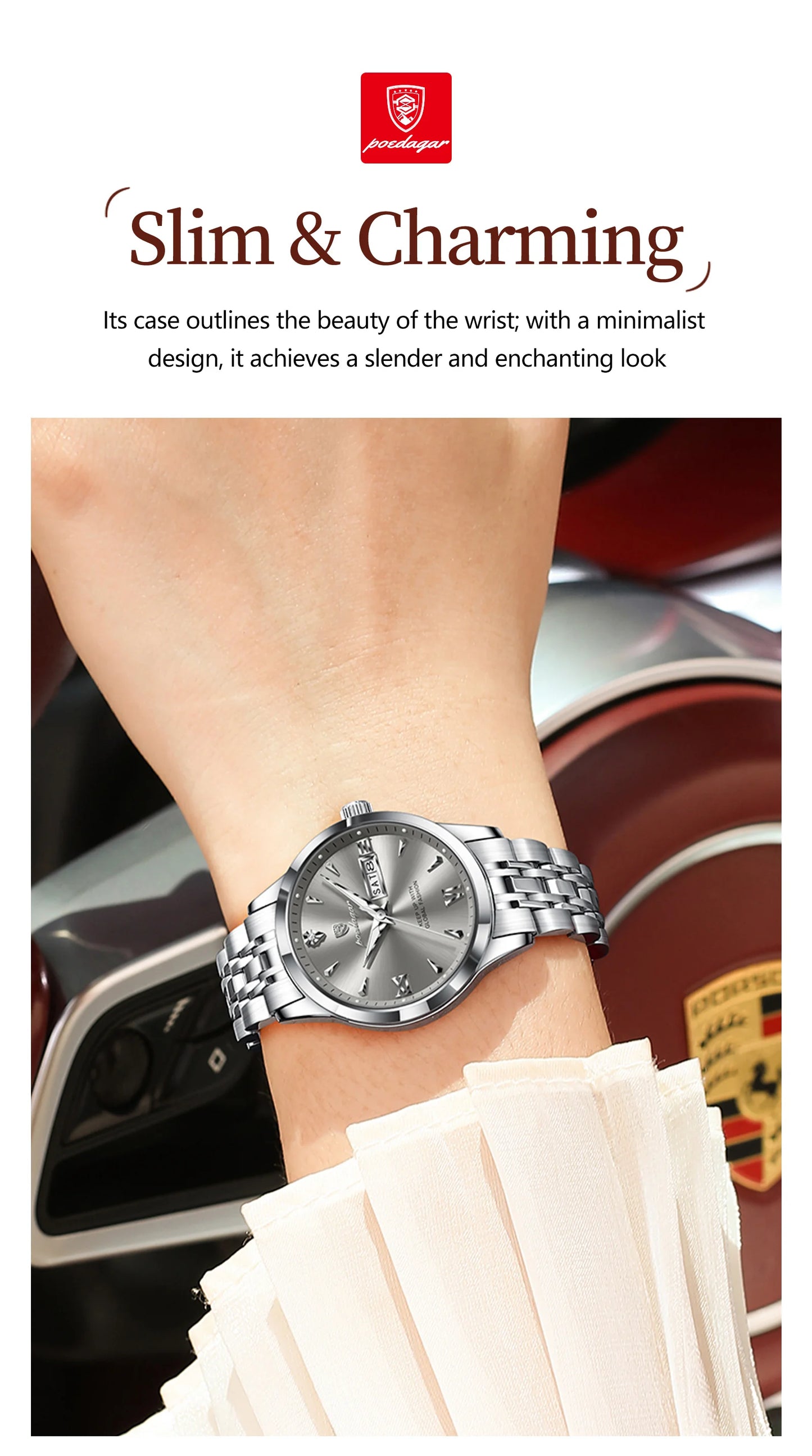 POEDAGAR Elegant Woman Watch Waterproof Luminous Date Week Ladies Wristwatch Stainless Steel Quartz Fashion Women's Watches Gift