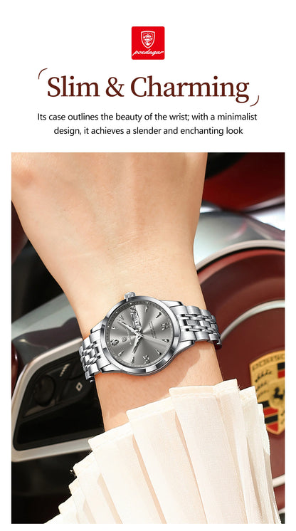 POEDAGAR Elegant Woman Watch Waterproof Luminous Date Week Ladies Wristwatch Stainless Steel Quartz Fashion Women's Watches Gift