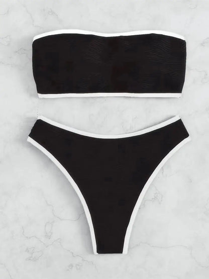 2026 Women Sexy Thong Swimsuit Push Up Swimwear Contrast Binding Bandeau Bikinis Female Bathing Suit Swimming Summer Beachwear