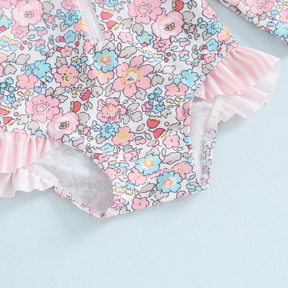 MISOWMNJOY Ruffle Floral Print Baby Girls Beachwear Summer Rash Guard Swimsuit Long Sleeve Bathing Suit Infant Swimwear with Hat