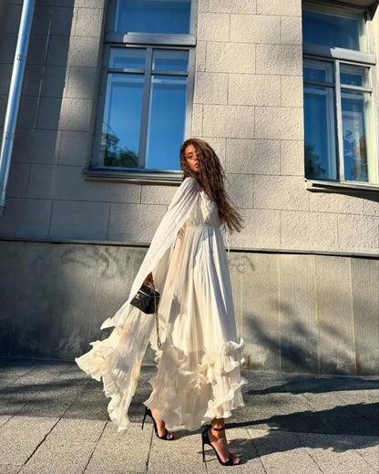 Elegant Ruffle V-neck Maxi Dress Women Chic Lapel Pleated Sleeveless High Waist Dresses Fashion 2025 Summer Lady Vacation Robes
