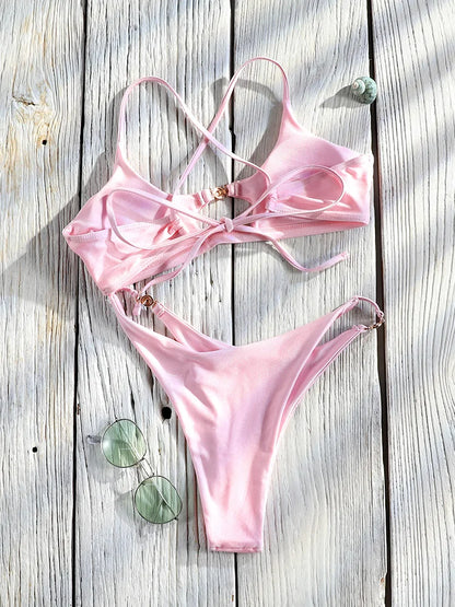 Miyouj Bandage Swimwear Summer Swimsuit High Cut Bikini Set Solid Sexy 2-Piece Suit New Bathsuit Hollow Out Thongs Beachwear
