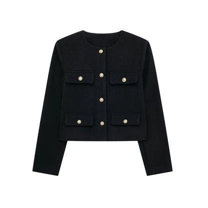 Women's Golden Button Jacket Coat, O Neck, Long Sleeve, Female Outerwear, Chic Tops, Fashion