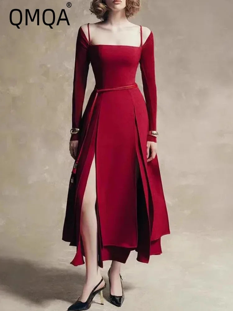 QMQA Fashion Women's Elegant Dresses Off The Shoulder Long Sleeve Split Asymmetric Hem Thin Middle Low Waist Dress New 1A200