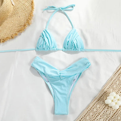 Sexy Bikini Set 2024 New Solid Pleated Bikini Swimwear Push Up Halter Swimsuit White Color Bathing Suits for Women