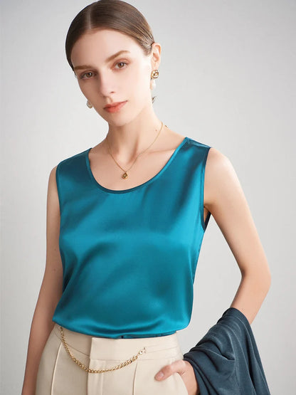 SuyaDream. Women Basic Cozy Tanks, 100%Real Silk, O neck Sleeveless Chic T Shirt, 2025 Solid Summer Vests, White, Pink, Beige
