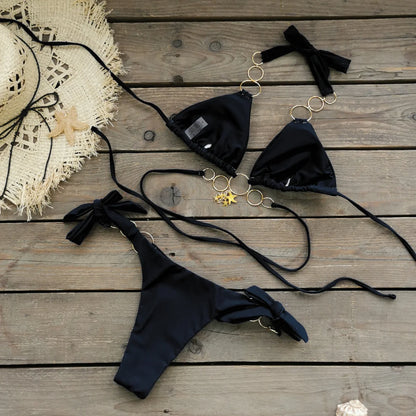 Brazilian Bikini Swimsuit for Women, Ring Linked Halter, Swimwear, Beachwear, 2025