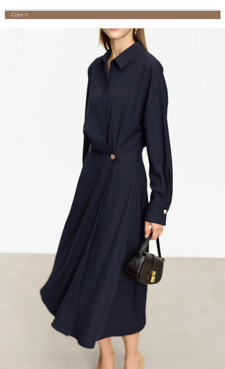 AMII Minimalist French Long-sleeve Shirt Dress for Women 2024 Autumn New A-line Office Lady Solid Midi Dresses Vestidos 12343290