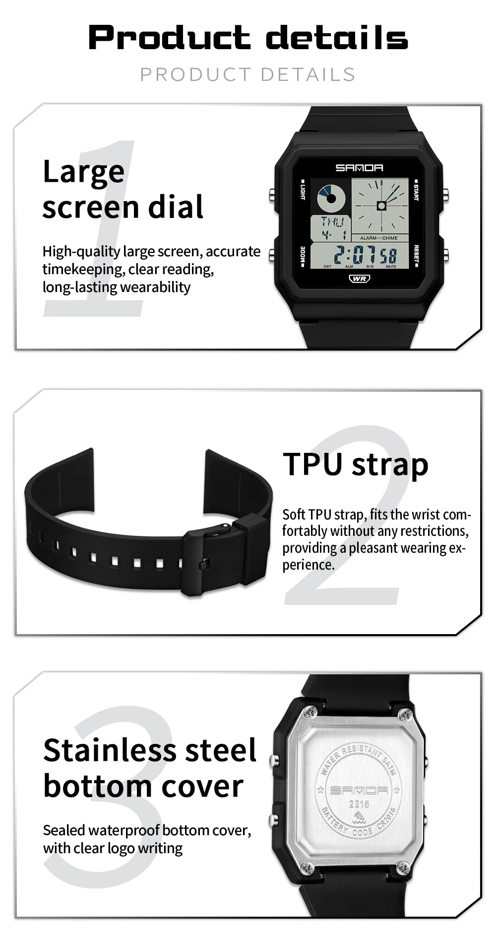 SANDA 2216 Fashion Electronic Watch Multifunction Alarm Calendar Waterproof Sports Student Digital Watches