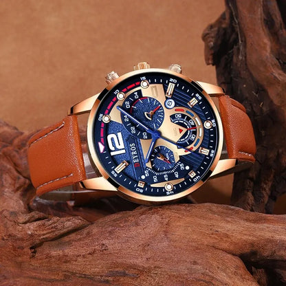 2PCS Set Fashion Mens Calendar Watches Luxury Male Business Casual Brown Leather Quartz Watch Men Bracelet Wrist Watch