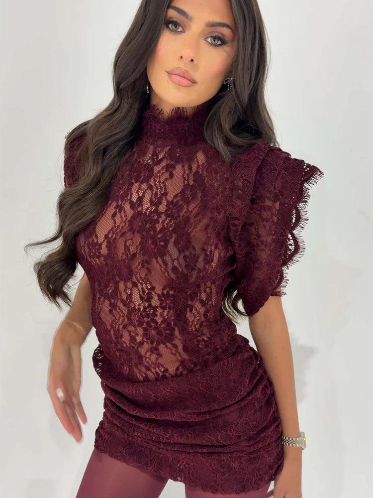 Lace Patchwork Pleated Mini Dress Lady Sexy High Collar Sleeveless Cinched-waist Slim Dresses Women 2026 Evening Party Vestidos