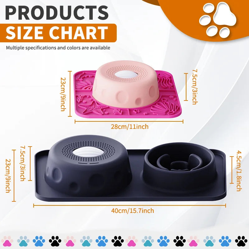 New Double-bowl Pet Licks-and-eats Bowls with Fun Rollers At The Bottom and Suction Cups. for Dogs and Cats. Licking Pads.