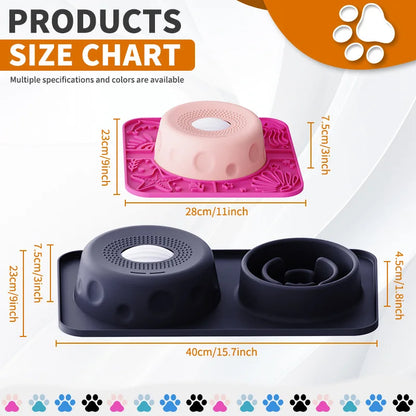 New Double-bowl Pet Licks-and-eats Bowls with Fun Rollers At The Bottom and Suction Cups. for Dogs and Cats. Licking Pads.