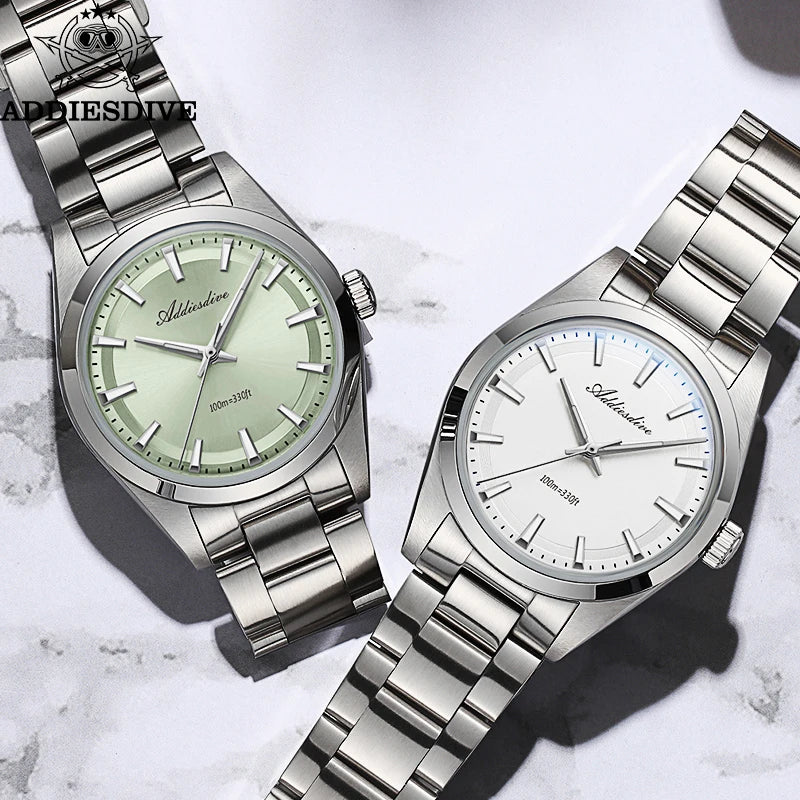 ADDIESDIVE Hot Sale AD2066 Mens Watch 36mm Bubble Mirror Glass Mint Green Quartz Watches Waterproof Luxury Stainless Steel Clock