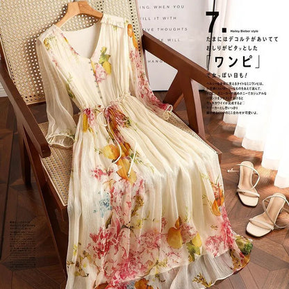 Limiguyue Summer Floral Print Silk Dresses Double Layers Ruffle Beaded Button A-Line Dress Elegant Chiffon Long Vestidos Z044