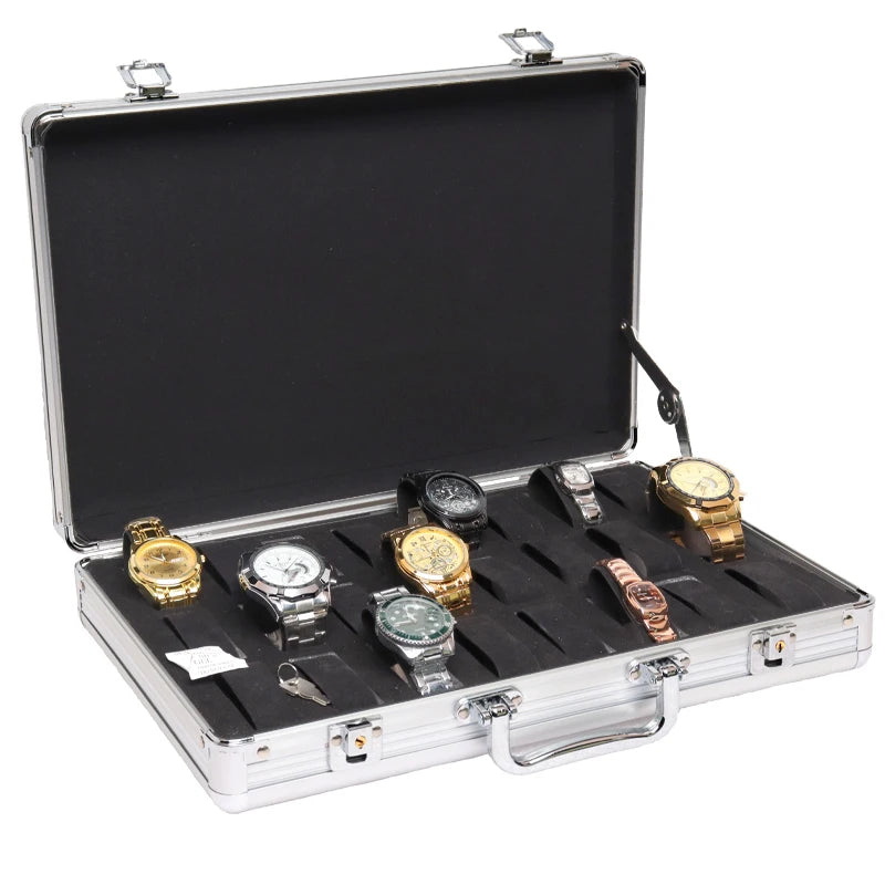 Useful Aluminium Watches Box 12 Grid Slots Jewelry Watches Display Storage Box Square Case Suede Inside Rectangle Watch Holder