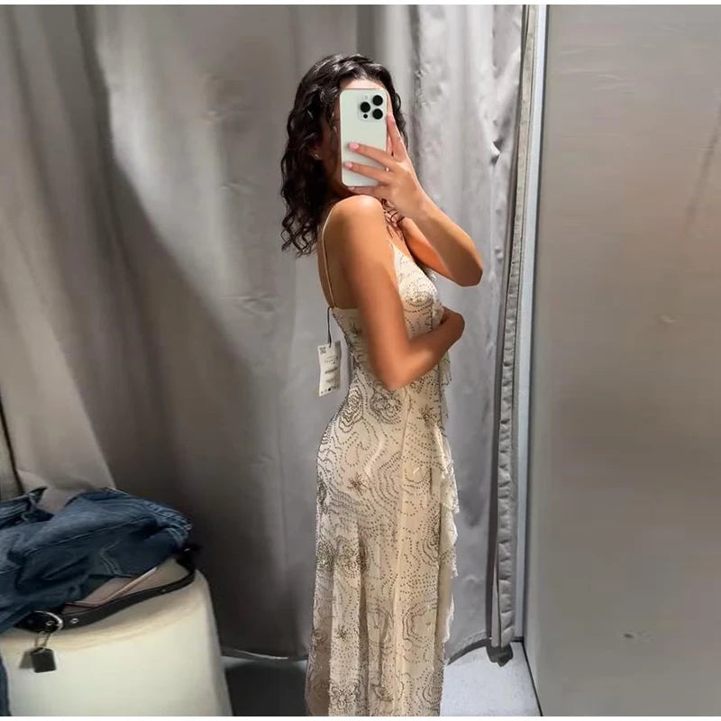 Sexy Sequin Women's Beads Sling Dress Fashion V-Neck High Waist Slim Fit Lady's Dresses Summer Beach Holiday Party Robes