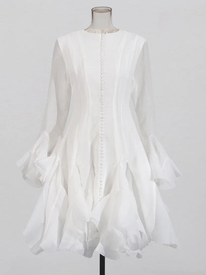 VGH Sweet Ruffles Elegant Knee Length Dresses for Women Round Neck Flare Sleeve High Waist Spliced Button  A Line Dress Female