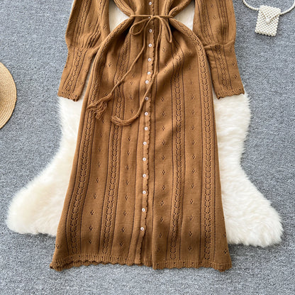 Women's Solid Single Breasted Hollow Out Knit Lace-up Dress Autumn Fashion Round Neck Elegant Festival Sweater Long Dresses 2024