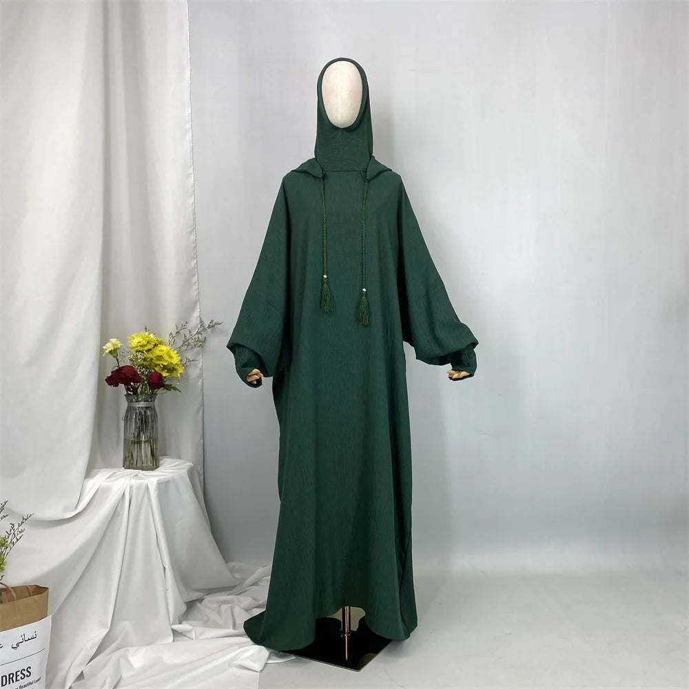 Hot Seller Ramadan Islamic Clothing Wrinkle Polyester Hoodie Abaya Dress With Undercap Muslim Women Abaya Hoodie Causal Dresses