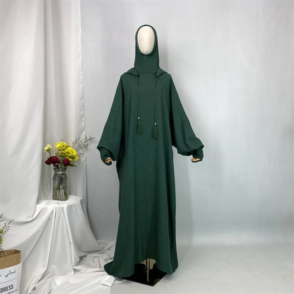 Hot Seller Ramadan Islamic Clothing Wrinkle Polyester Hoodie Abaya Dress With Undercap Muslim Women Abaya Hoodie Causal Dresses