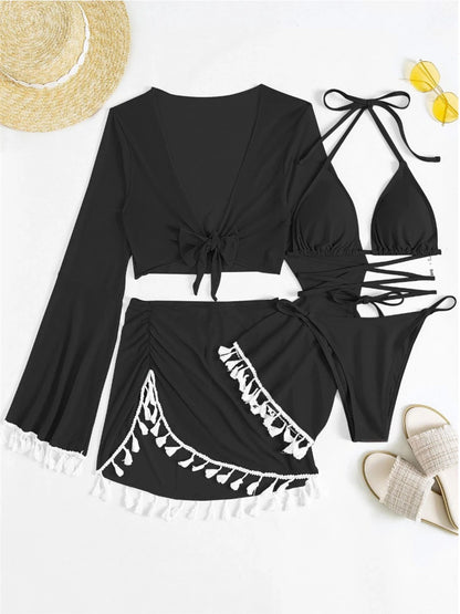 Sexy 4 Pieces Halter Bikinis Women Solid Swimwear Female Cover Up Swimsuit Long Sleeve And Skirt Bathing Suit Beachwear Summer