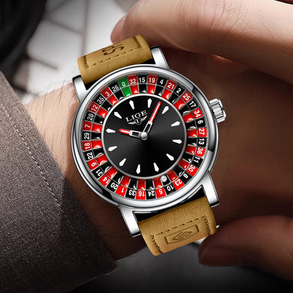 LIGE Quartz Man Watch Fashion Luxury Creative Roulette Game Dial Design Leather Casual Life Waterproof Watches for Men Gifts+Box