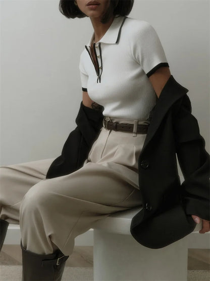 Tossy Knit Sweater Pullover Women Short Sleeve Patchwork Slim Lapel Elegant Contrast Knitwear Top Female Skinny Ribbed Pullover