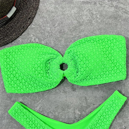 Wrinkled Bandeau High Cut Bikini Women Swimwear Female Swimsuit Two-pieces Bikini set Strapless Bather Bathing Suit Swim V3367