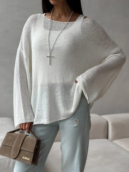 Bornladies Simple Solid Color Long Sleeved Sweater Women's Spring Knitted Hollow Top Loose Versatile Casual Sweater Pullovers