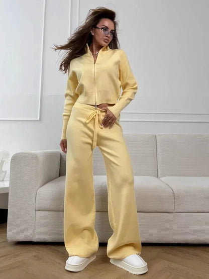 Blubelle Women's New Autumn Winter Zip Up Knit Set Trendy Slim Fit Cardigan Pants Chic Commuting Sweater Outfit