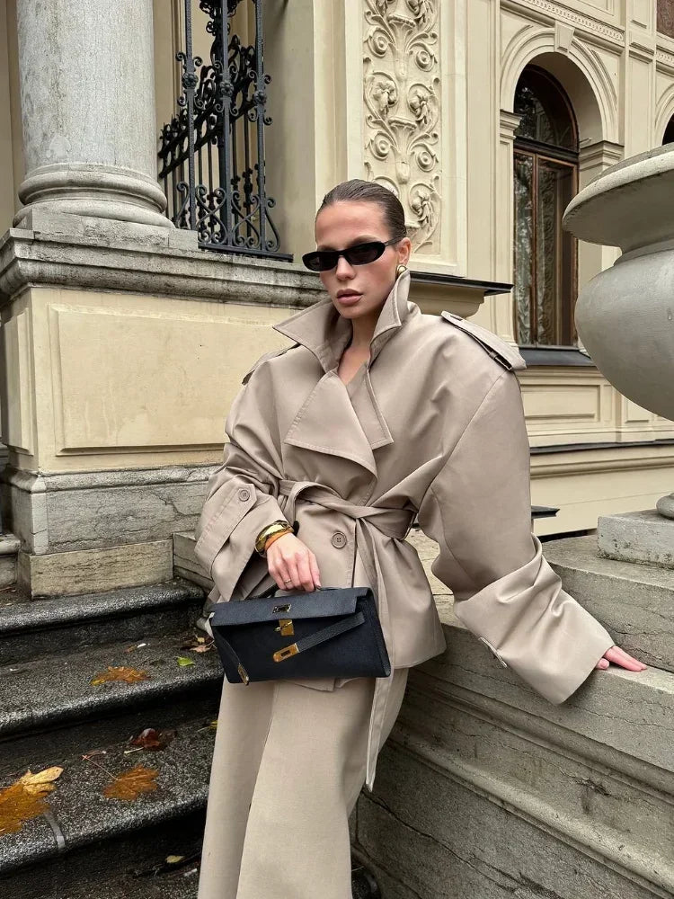 Solid Lapel Lace Up Jacket Elegant Chic Full Sleeve Button Loose Long Coat For Women Office Lady Daily Commute Overcoat 2026 New