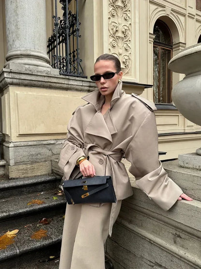 Solid Lapel Lace Up Jacket Elegant Chic Full Sleeve Button Loose Long Coat For Women Office Lady Daily Commute Overcoat 2026 New