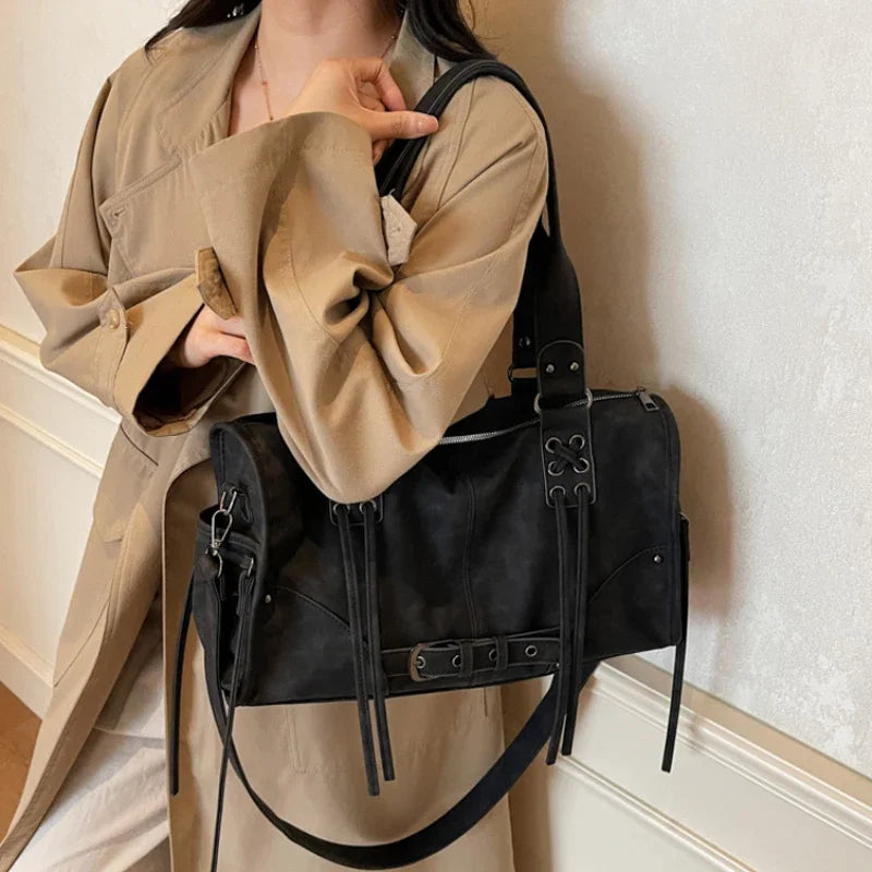 Retro Motorcycle Handbag Women Horizontal Tote Storage Tassel Design Pillow Shoulder Bag Trendy Large Capacity Soft Underarm Bag