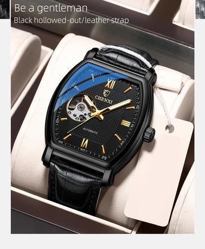 Automatic Mechanical Skeleton Man Watch Fashion Luxury CHENXI Watches For Men Business Leather Waterproof Tonneau Wristwatch