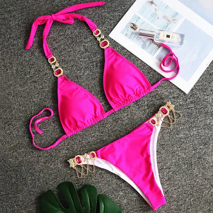 2026 Shiny Rhinestone Diamond Bikini Women Swimsuit Female Swimwear Two Pieces Bikini Set Halter Metal Chains Bathing Suit Swim