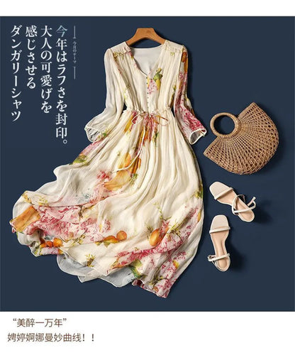 Limiguyue Summer Floral Print Silk Dresses Double Layers Ruffle Beaded Button A-Line Dress Elegant Chiffon Long Vestidos Z044