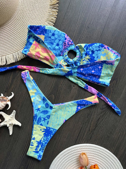 Sexy Colorful Floral Printed Bandeau Bikini Female Swimsuit Women Swimwear Two-pieces Bikini set Bather Bathing Suit Swim Lady