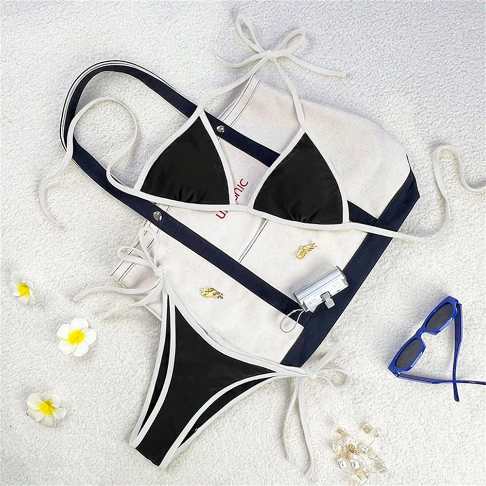 Vintage Blue Bikinis Set Triangle Border String Swimsuit Push Up Swimwear Backless Extrem Bikini Women Beach Outfit Bathing Suit