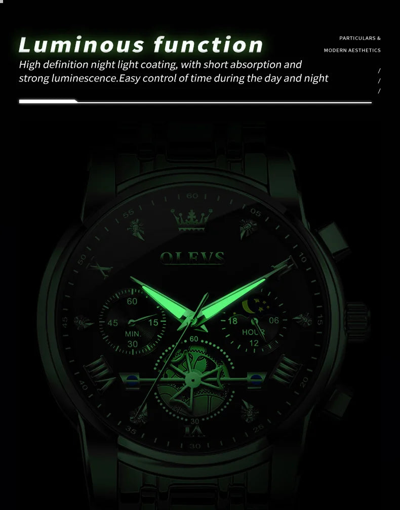 OLEVS 2856 Original Watches Man Multifunctional Chronograph Quartz Watch Waterproof Luminous Moon Phase Watches For Man Reloj