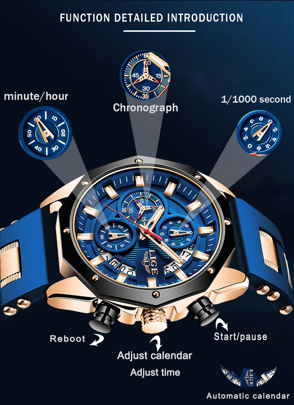 LIGE Fashion Men Watches Top Brand Luxury Silicone Sport Watch Men Quartz Date Clock Waterproof Wristwatch Chronograph Clock Man