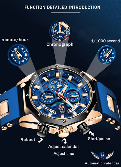 LIGE Fashion Men Watches Top Brand Luxury Silicone Sport Watch Men Quartz Date Clock Waterproof Wristwatch Chronograph Clock Man